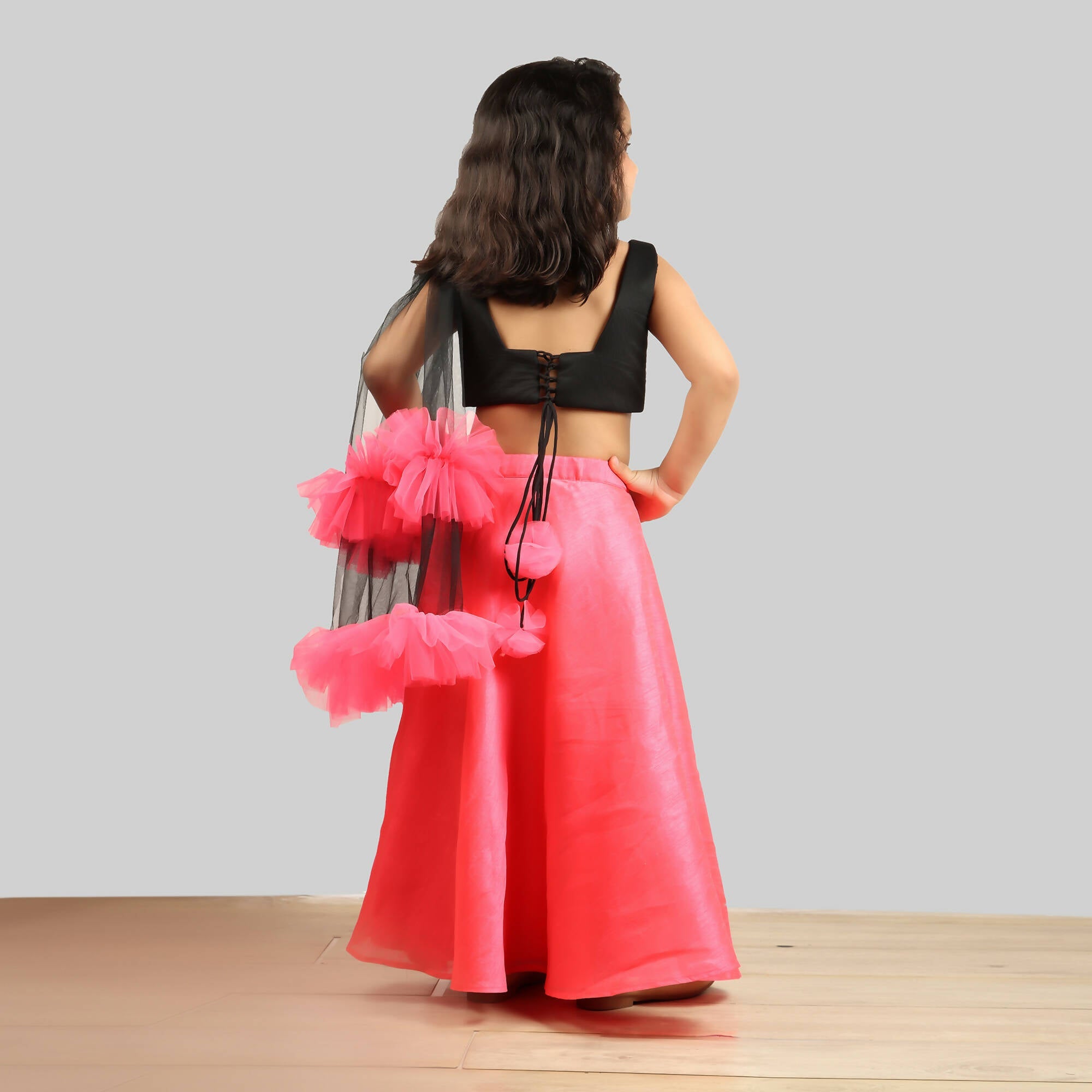 Black and Pink Ghagra Choli Set with Frill Net Dupatta