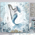 Mermaid Shower Curtain Ocean Underwater Mermaid Jellyfish Octopus Teal Blue Sea Nautical Beach Shower Curtain Tropical Coral Plant Fish Girls Coastal Shower Curtain Curtain with 12PCS Hooks 70X75