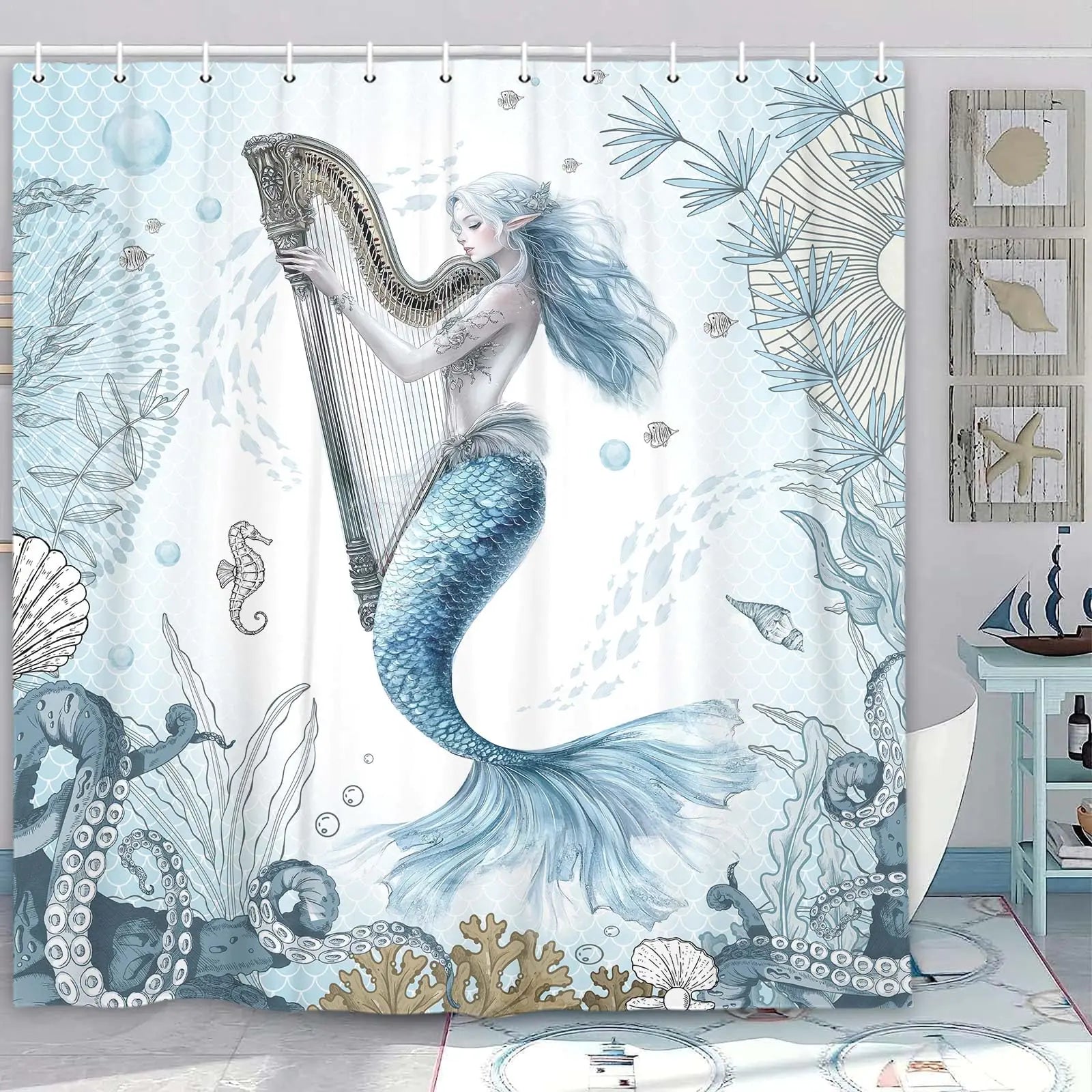 Mermaid Shower Curtain Ocean Underwater Mermaid Jellyfish Octopus Teal Blue Sea Nautical Beach Shower Curtain Tropical Coral Plant Fish Girls Coastal Shower Curtain Curtain with 12PCS Hooks 70X75