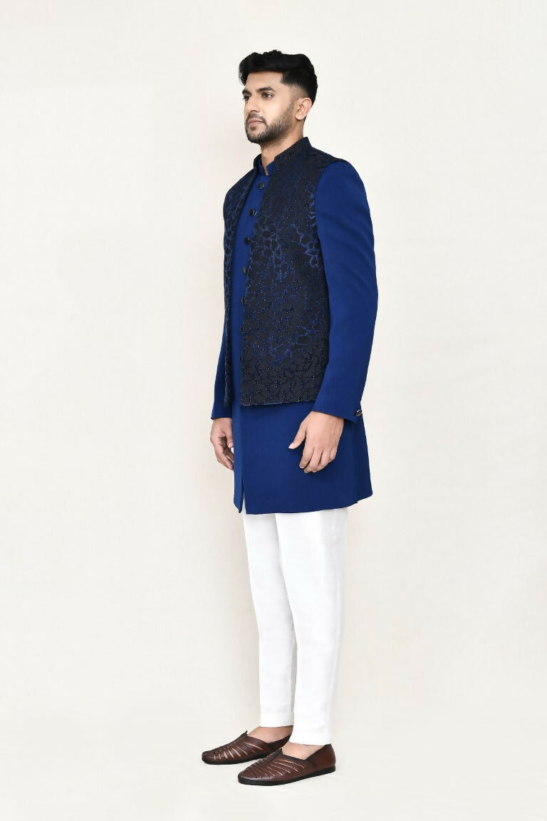 Blue Imported Jacquard Open Jacket Indo Western Set with Pant