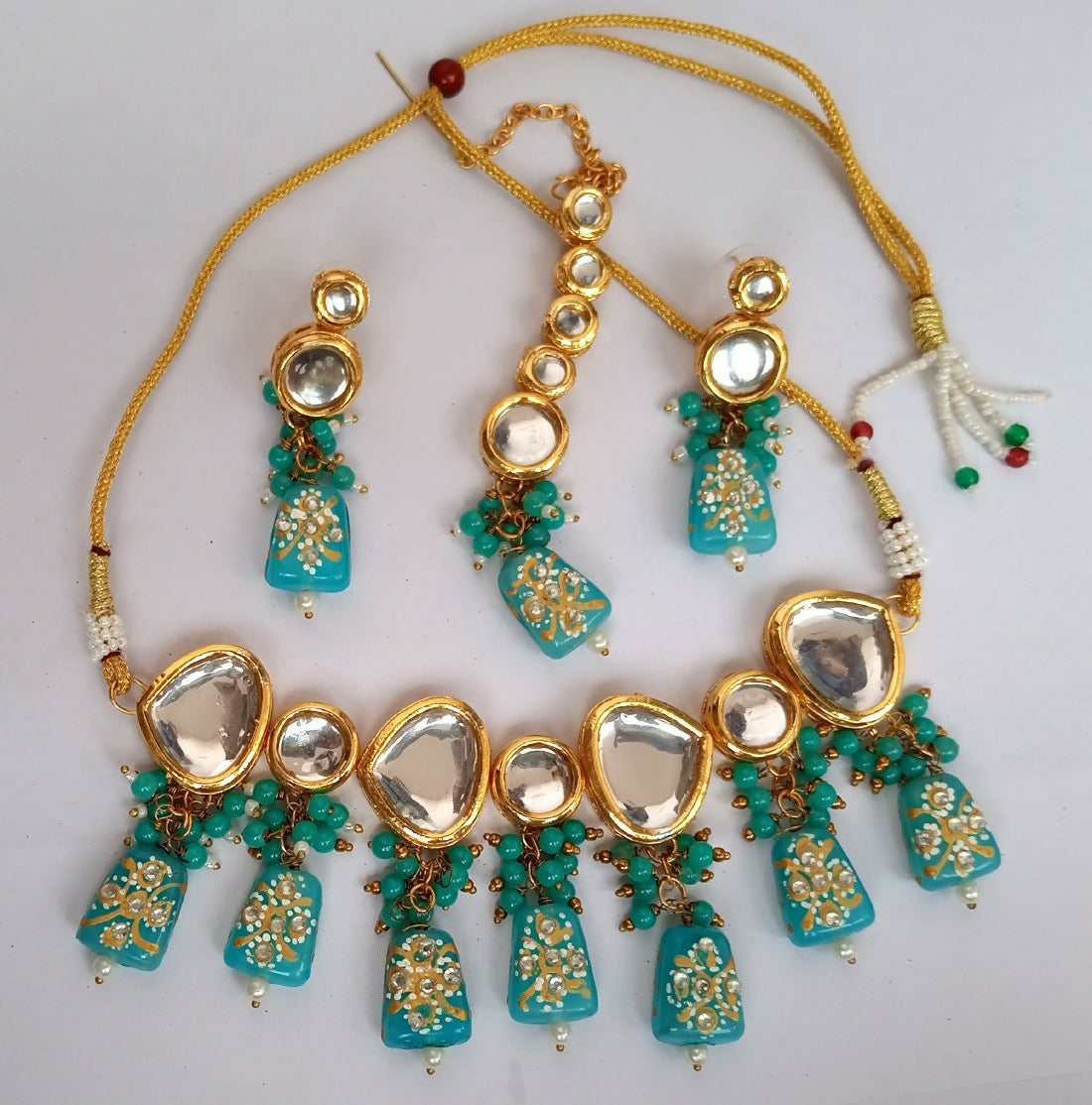 Green Kundan Necklace Set with gold plating and adjustable cord