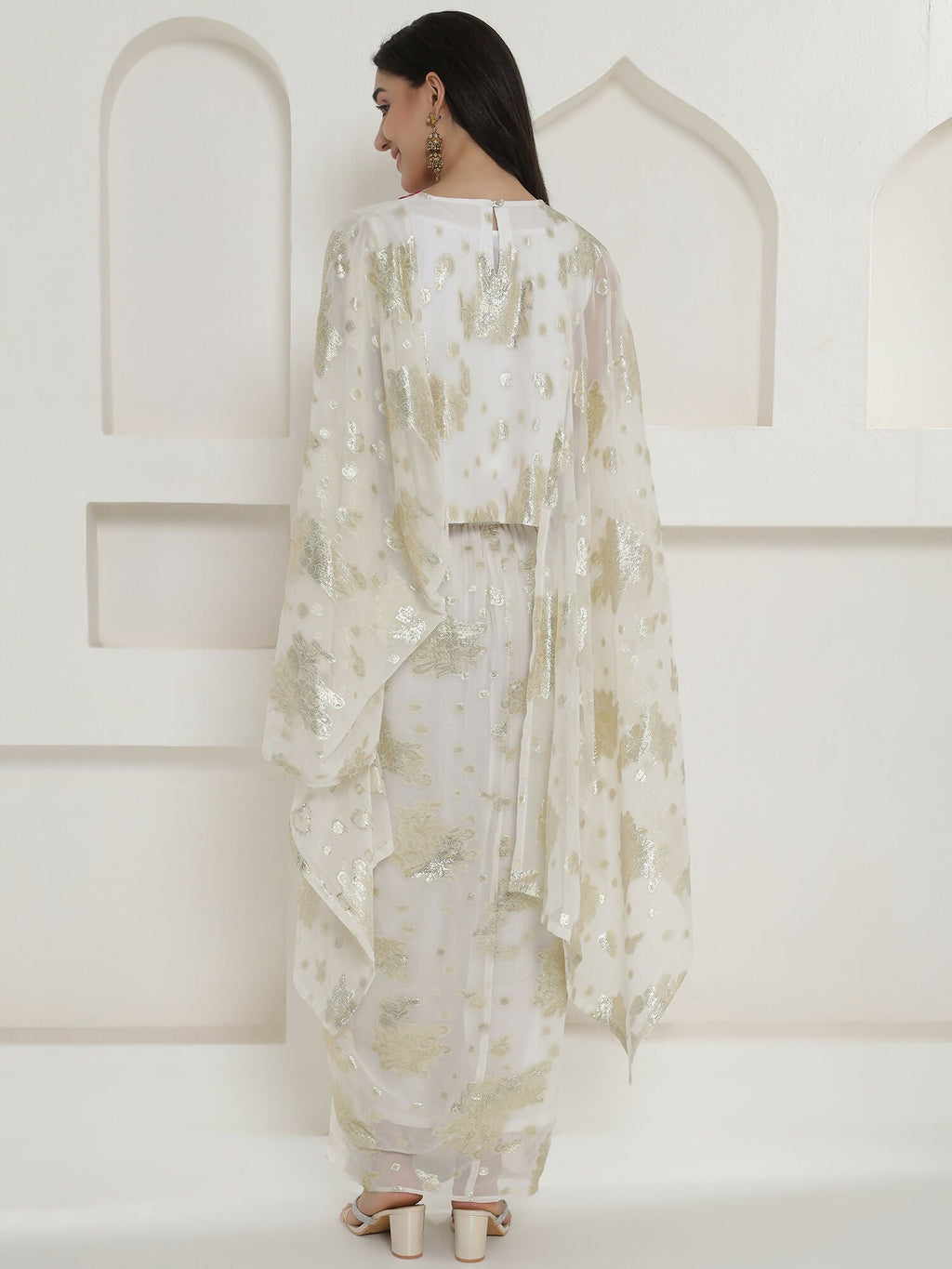White & Pink Kaftaan with Skirt Set - Hand Embellished Chinnon