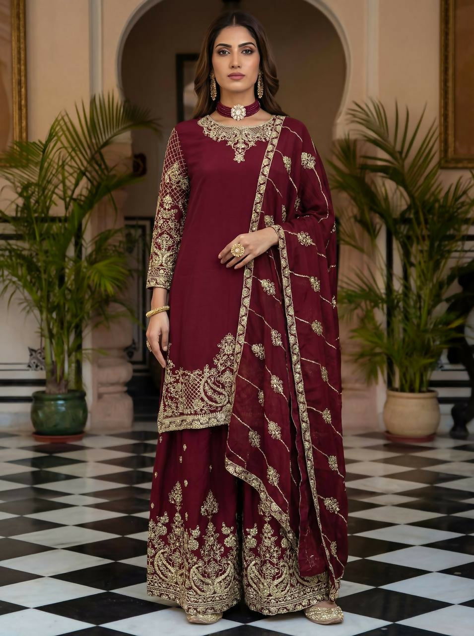 Elegant maroon silk kurti paired with matching embroidered sharara bottoms