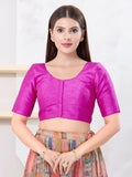 Pink dupion silk blouse with elbow sleeves and round neck