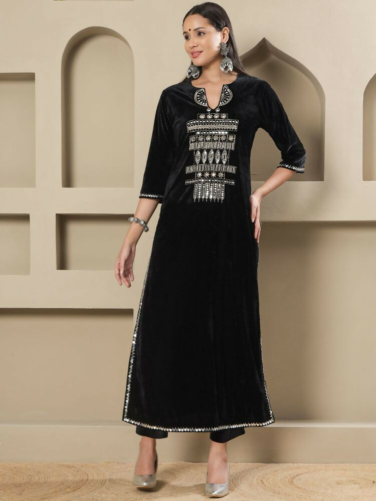 Black Velvet Kurta Set with Hand Embellishment - Stitched 2-Piece