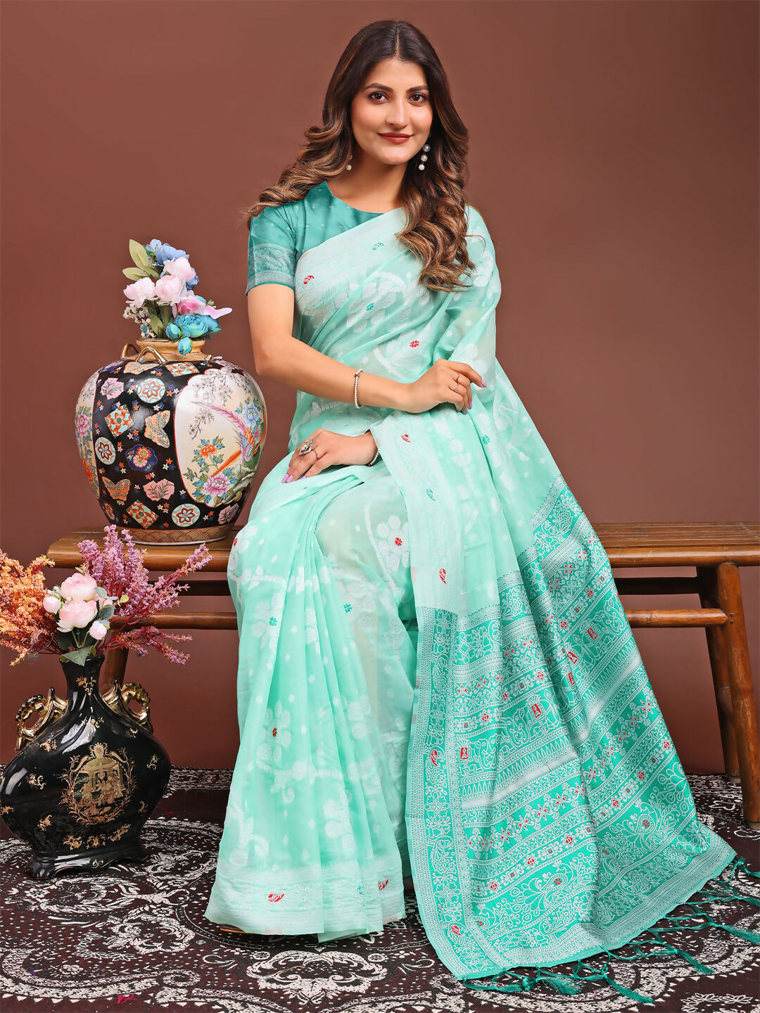 Sea Green Linen Cotton Saree with Matching Blouse Piece