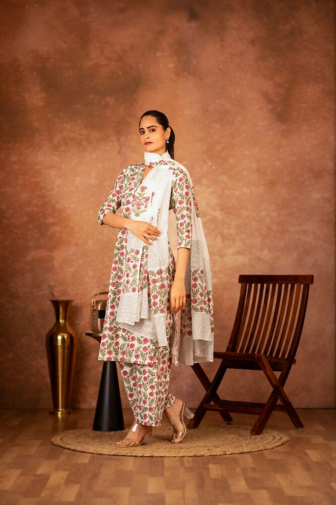 Red Green Hand Block Printed Cotton Suit Set
