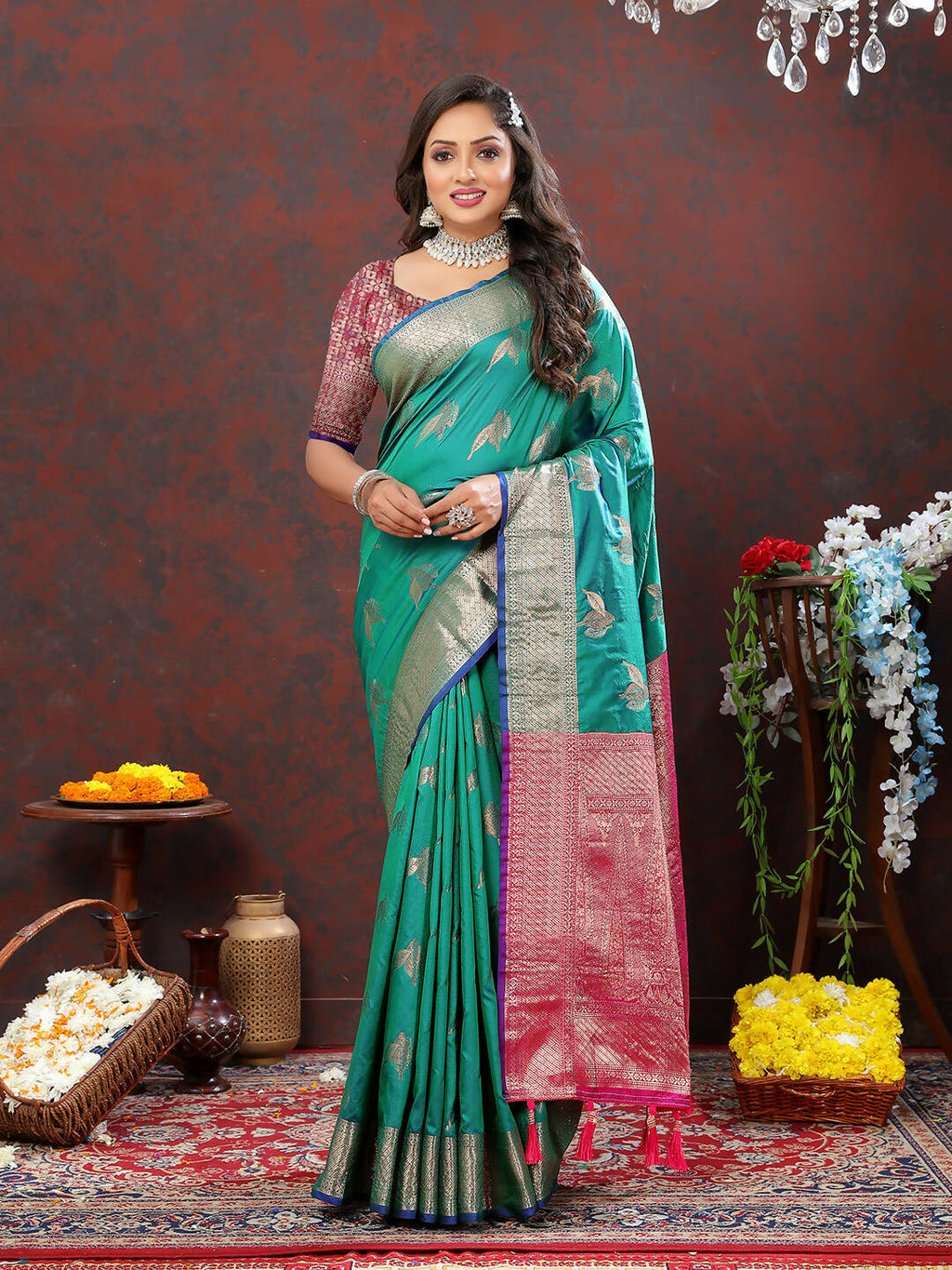 Teal Soft Silk Saree with Zari Weaving and Elegant Drape