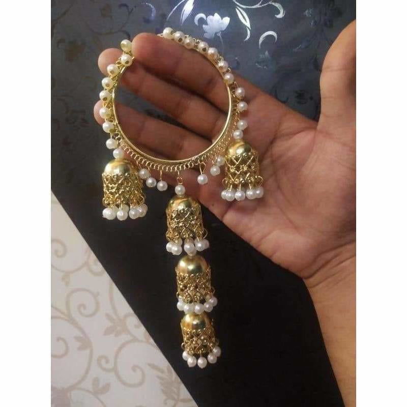 Gold-tone metal bangle set with white pearls and hanging jhumka charms