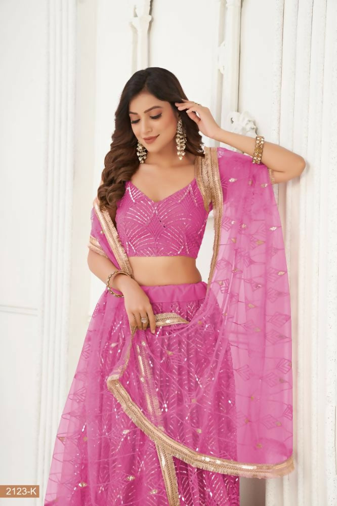 Pink Butterfly Net Wedding Lehenga Choli with Mirror Work