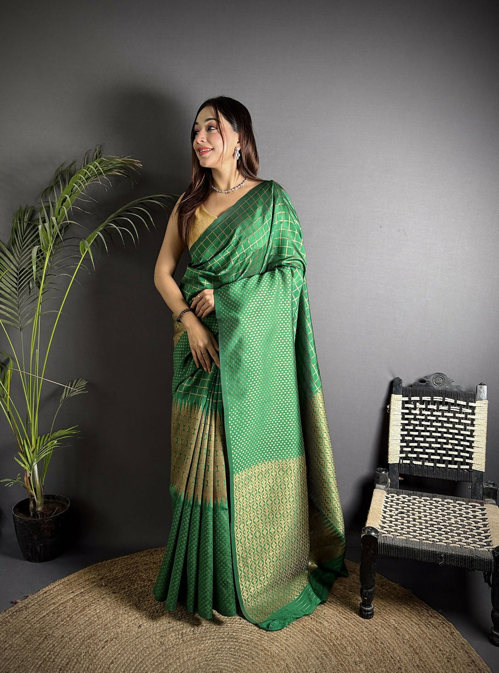 Emerald Green Banarasi soft lichi silk saree with intricate checks and woven design