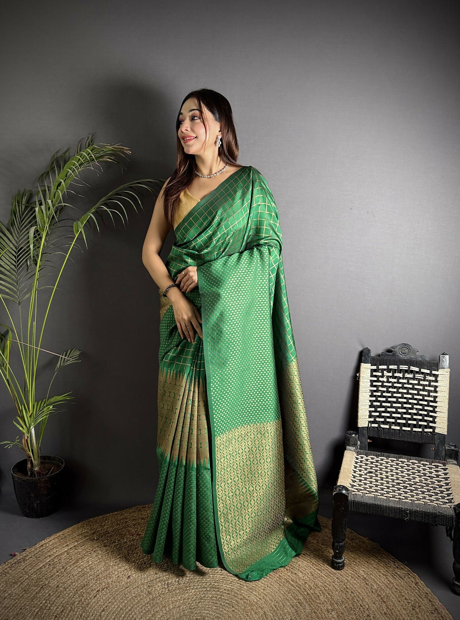 Emerald Green Banarasi soft lichi silk saree with intricate checks and woven design