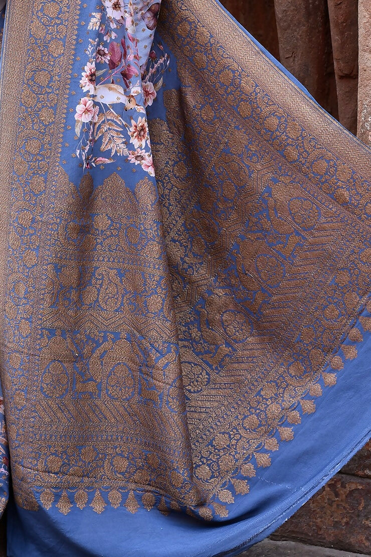 Dusty Blue Crepe Chiffon Pure Handloom Banarasi Silk Saree
