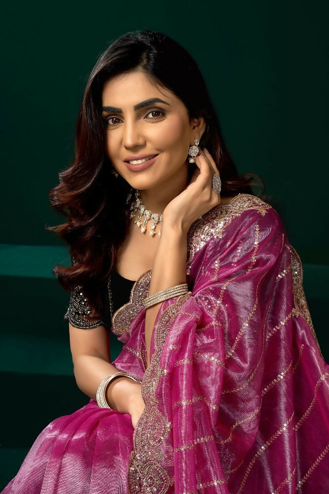 Pink Net Saree with Black Velvet Blouse for Party Wear