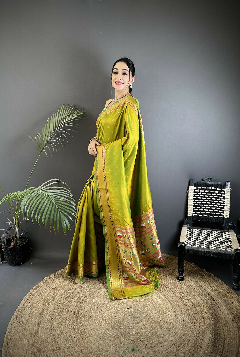 Lime Green Butti Woven Soft Lichi Silk Paithani Saree