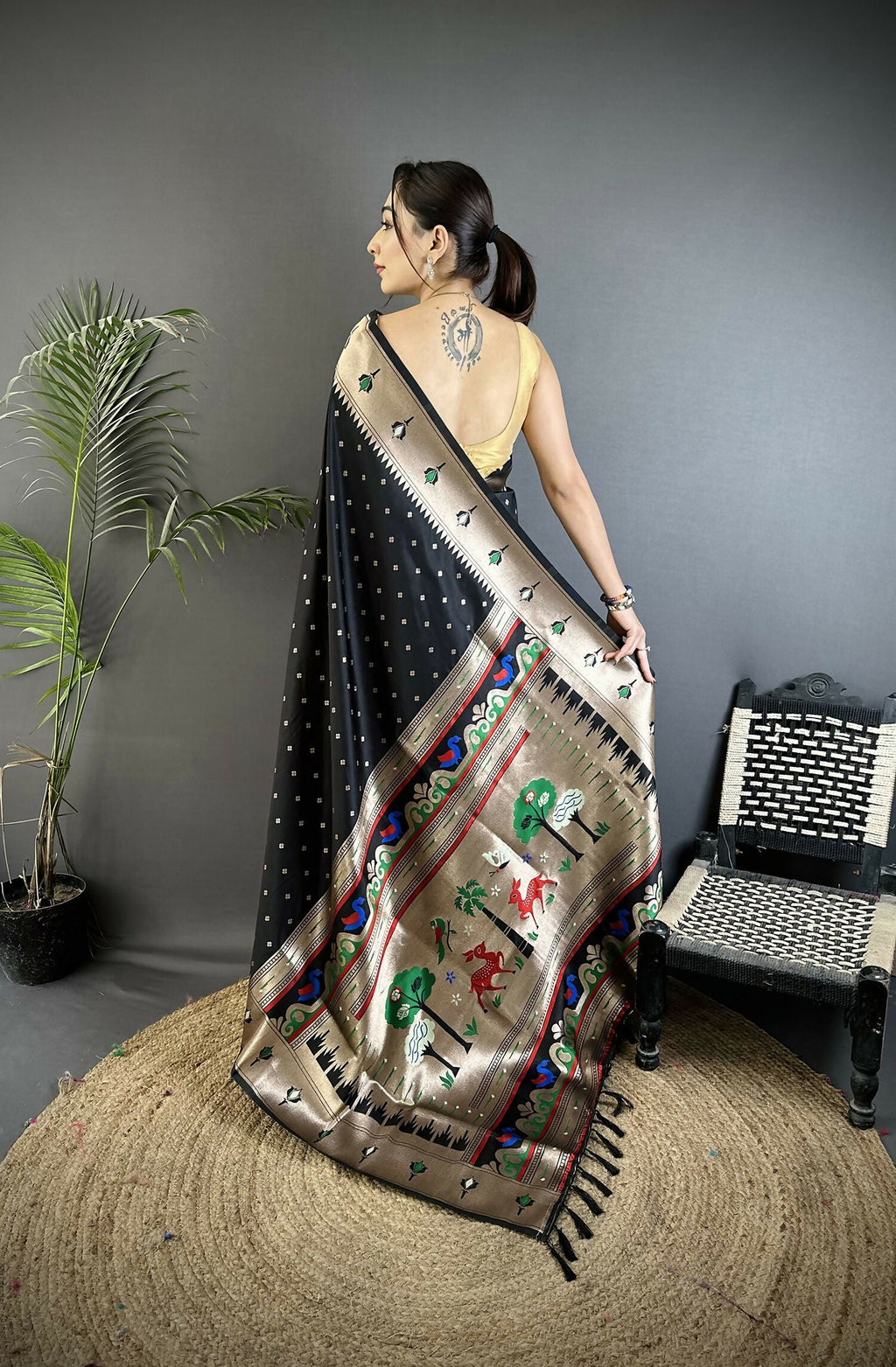 Black Peacock & Floral Motif Soft Lichi Silk Kanchipuram Saree