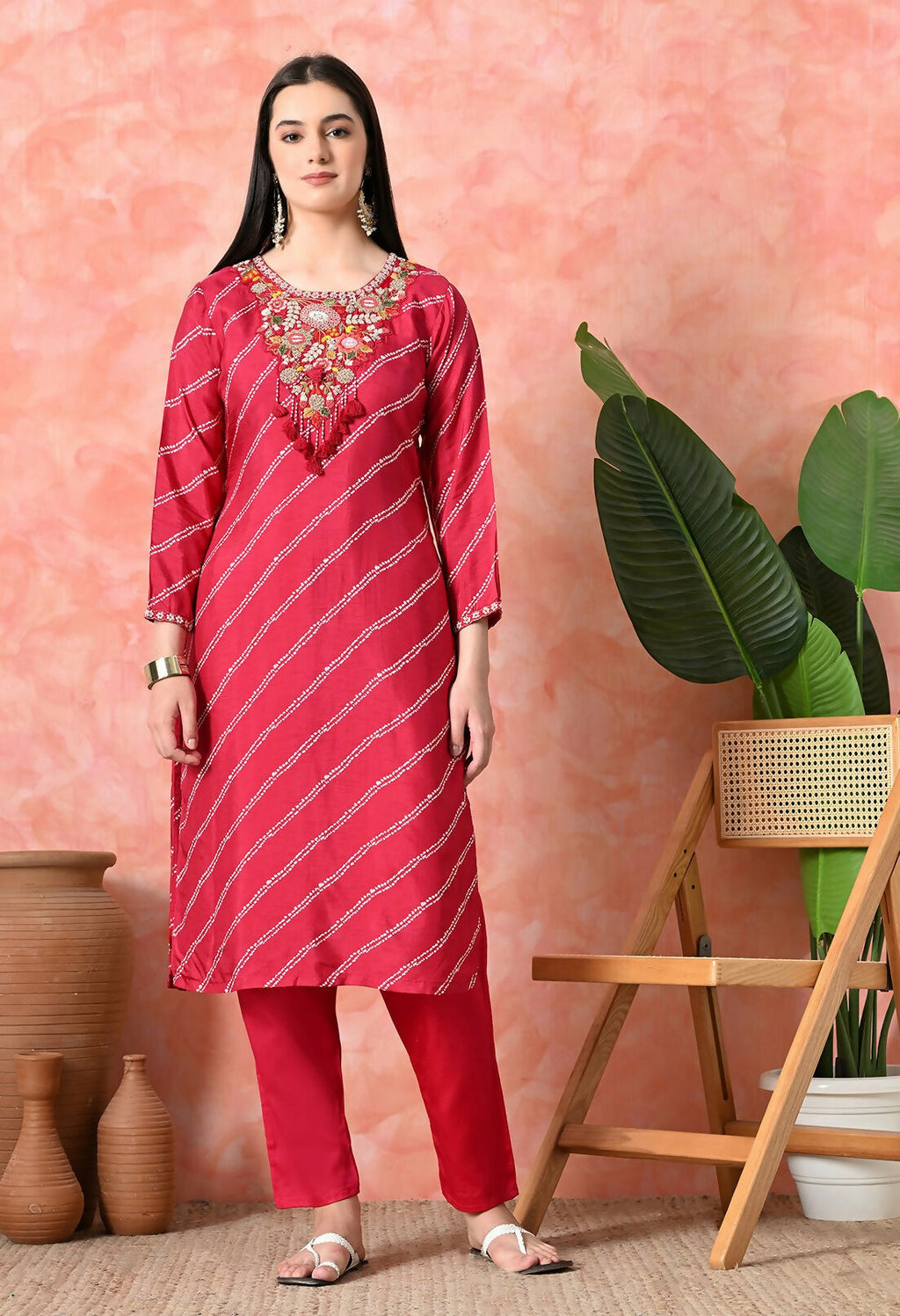 Rani Premium Pure Viscose Dola Silk Printed Kurta Set with Handwork