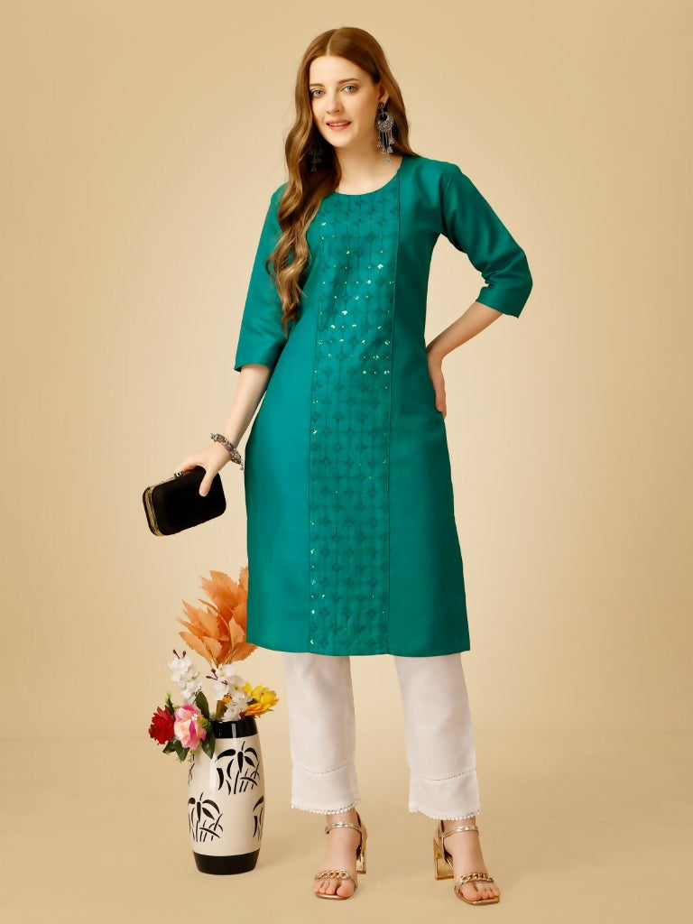 Women's Rama colored Cotton Magic Slub straight kurta with sequence embroidery and matching pants