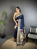 Dark blue Soft Lichi Silk Kanchipuram saree with intricate gold peacock and floral motifs