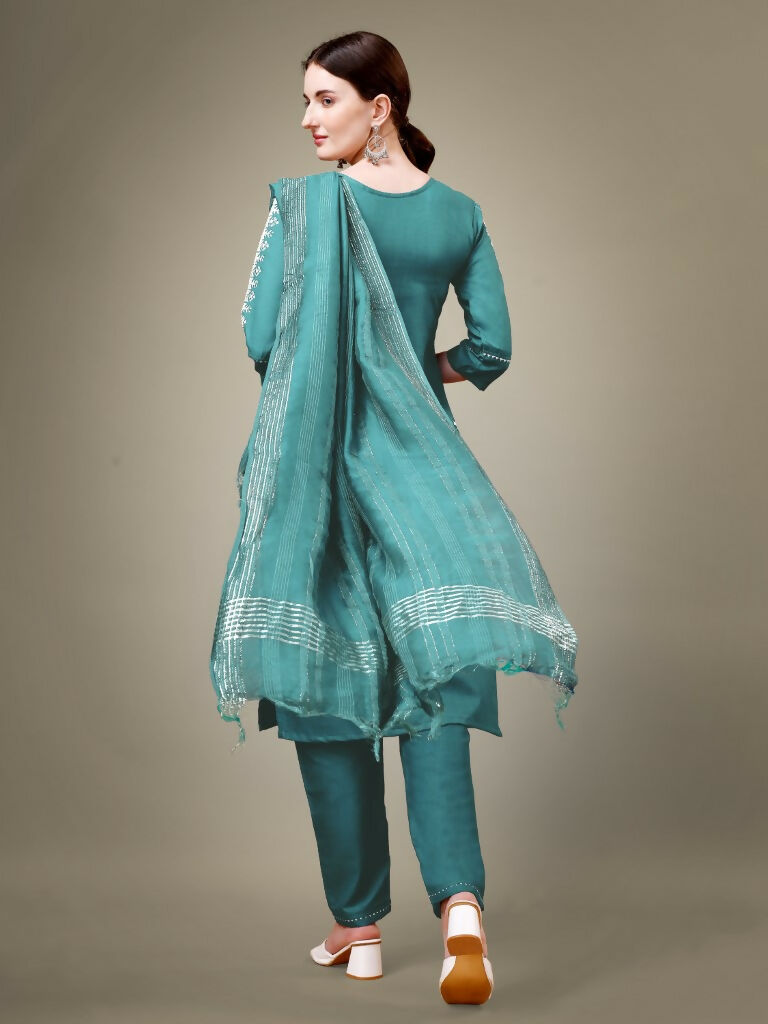 Women's Teal Cotton Blend Straight Kurta Set with Sequence Work