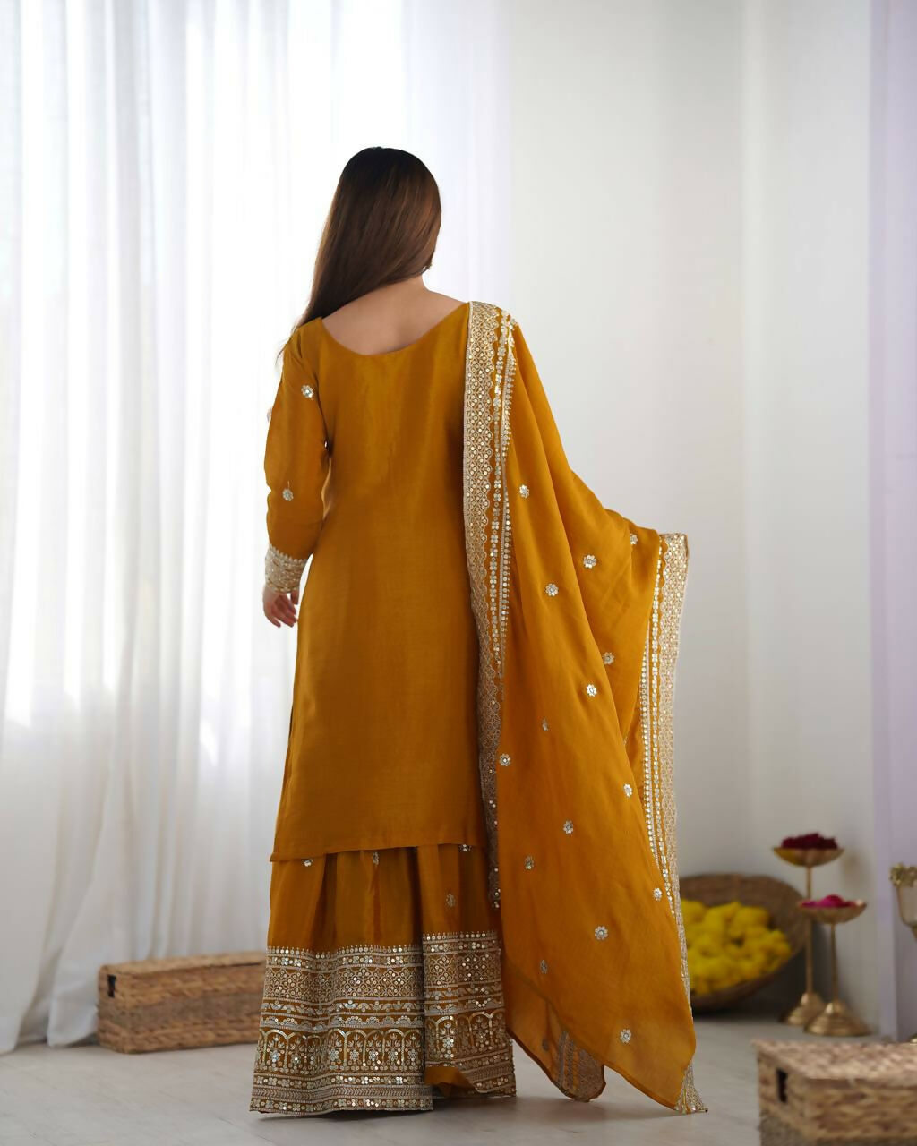 Mustard Silk Kurta Set with Sequins, Zari & Thread Embroidery