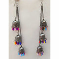 Kashmiri style silver jhumka earrings with multi-color pearls and hanging chains