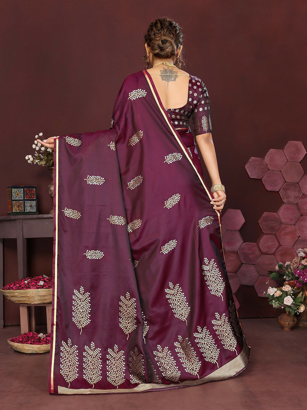 Wine Banarasi Silk Saree with Floral Motifs
