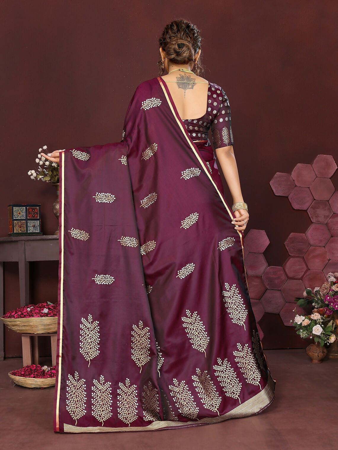 Wine Banarasi Silk Saree with Floral Motifs