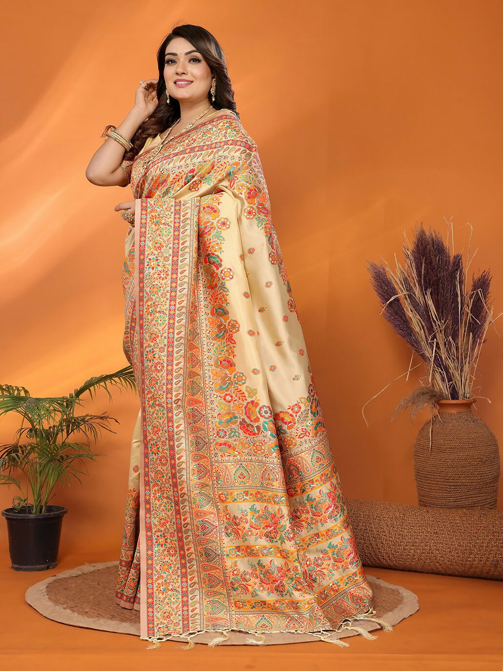 Joban Fashion Beige Meena Weaves Pashmina Sarees