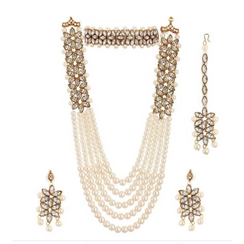 Rajwadi-style gold-polished stone and pearl necklace set