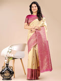 Elegant cream and magenta Banarasi silk saree with a matching blouse piece