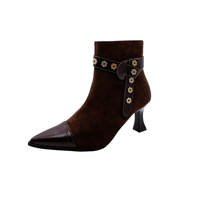 Women's Pointed Toe Ankle Boots with Flower Stud Detail - Image 9