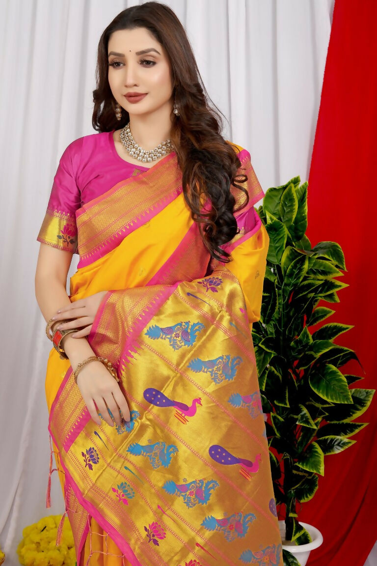 Yellow Paithani Silk Zari Woven Saree with Magenta Blouse