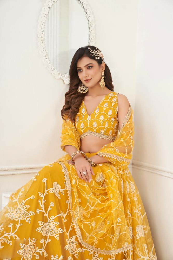 Mustard Yellow Butterfly Net Lehenga Choli with Thread Embroidery
