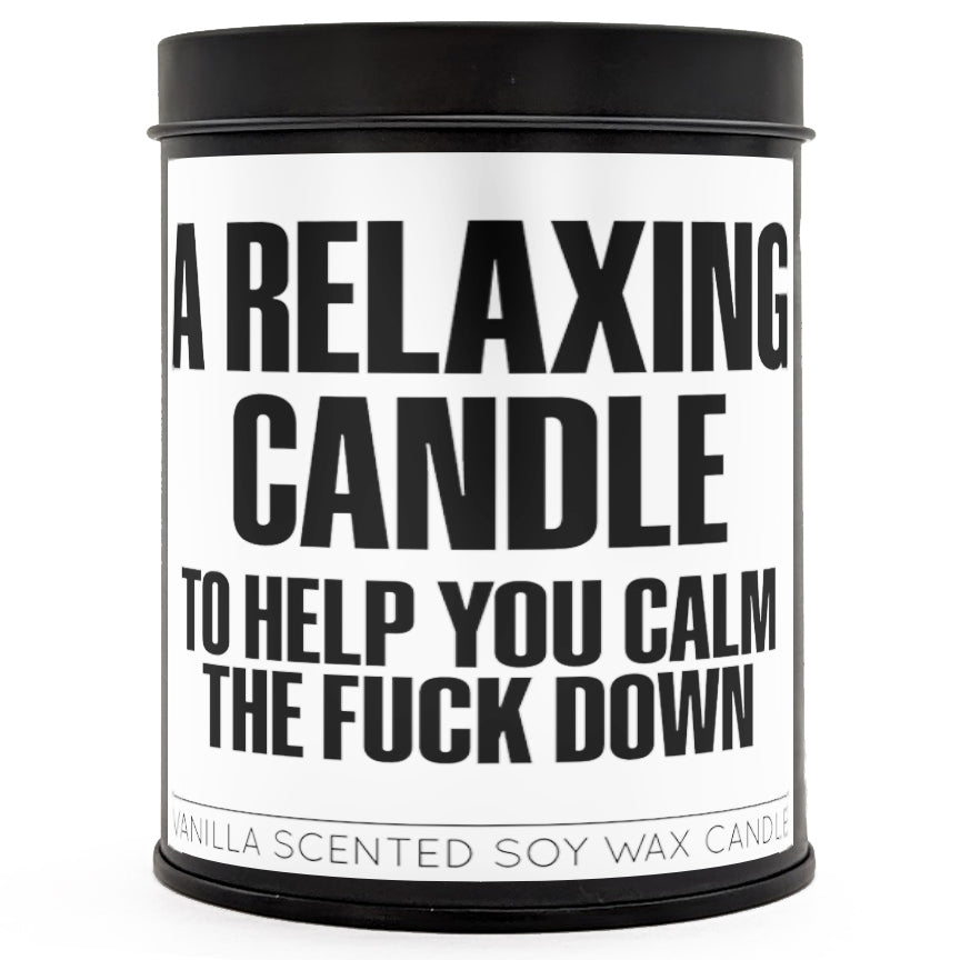 A 12 ounce hand-poured vanilla soy candle in a sleek, minimalist black metal tin with lid.