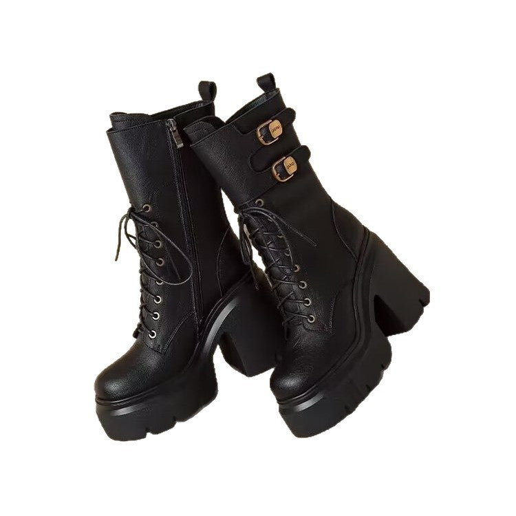 Women's Chunky Platform Combat Boots with Lace-Up & Buckles - Image 7