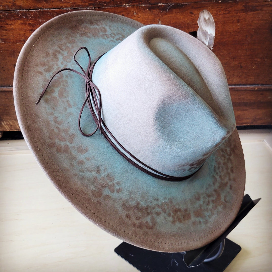 Hand-Painted Leopard Print Boho Western Cowgirl Hat Turquoise - Image 4