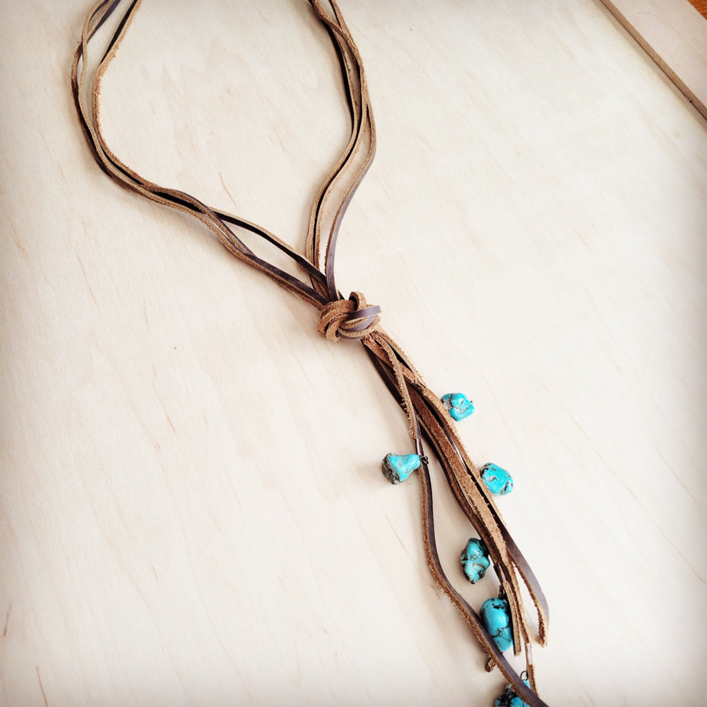 Rustic Knotted Leather Lasso Necklace with Turquoise Beads - Image 2