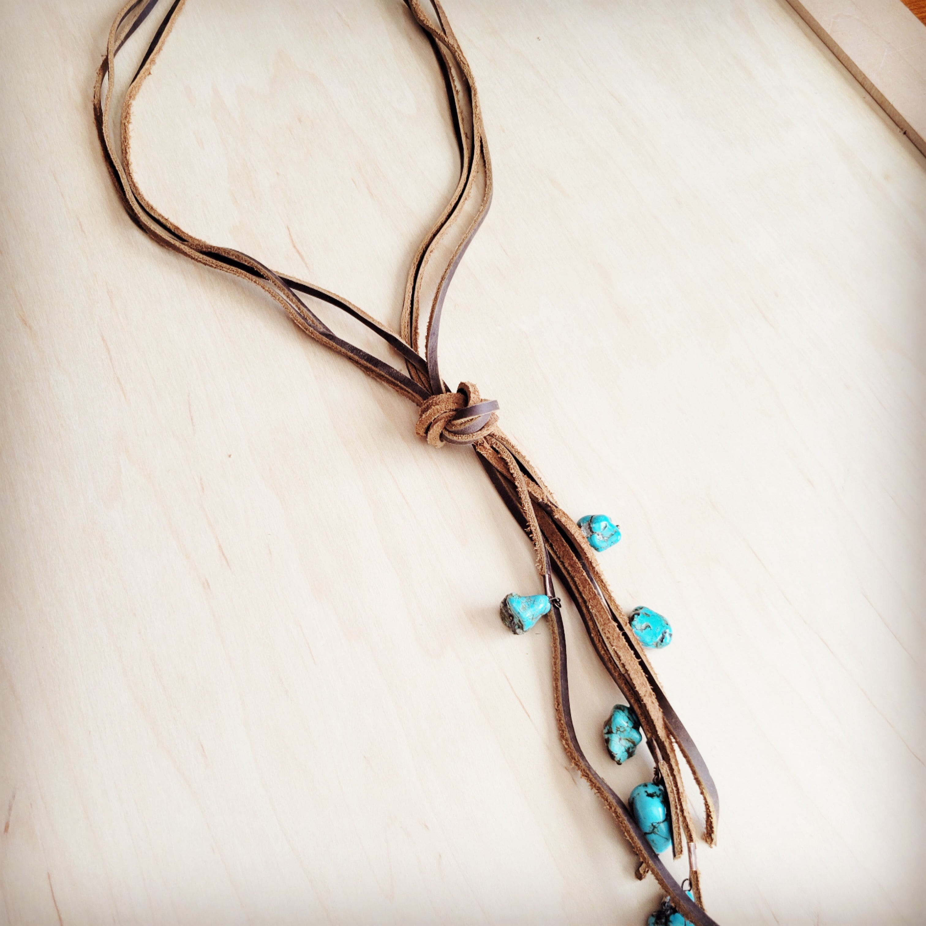 Rustic Knotted Leather Lasso Necklace with Turquoise Beads - Image 2