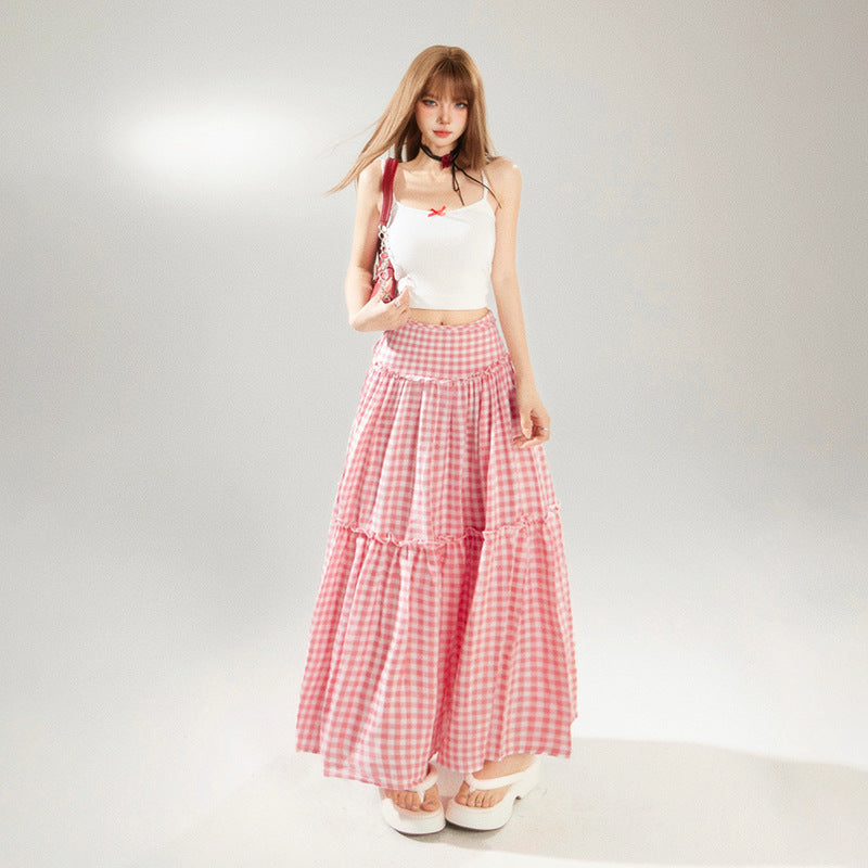 Women's Pink Plaid Tiered A-Line Maxi Skirt Harajuku Style - Image 2