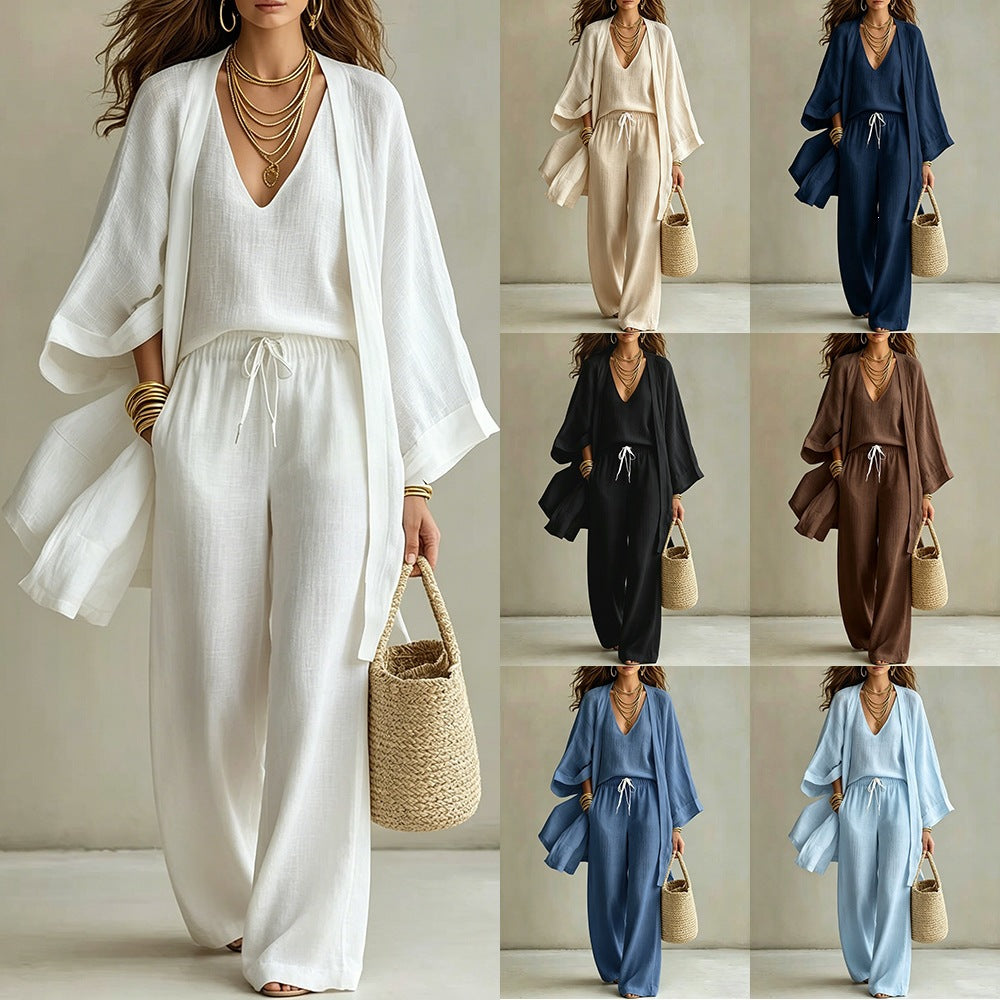 Women's 3-Piece Linen Loungewear Set: Cardigan, Vest & Wide-Leg Pants