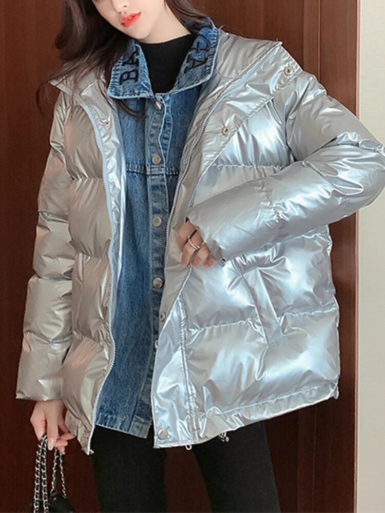Women's Harajuku Style Denim Stitching Loose Fit Down Jacket - Image 5