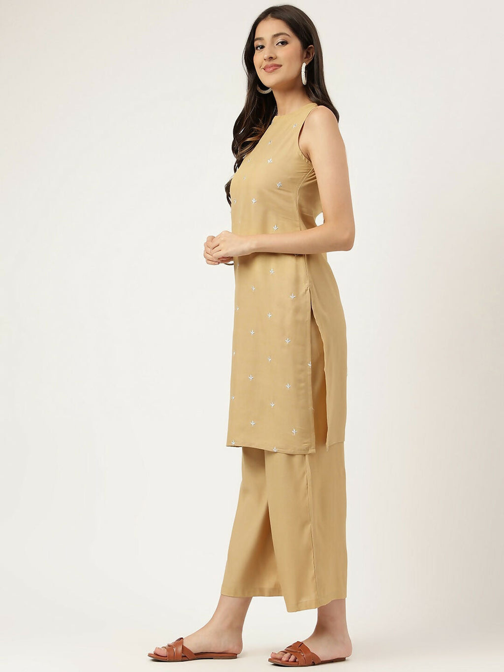Beige Rayon Straight Kurta and Bottom Set with Embroidered Work