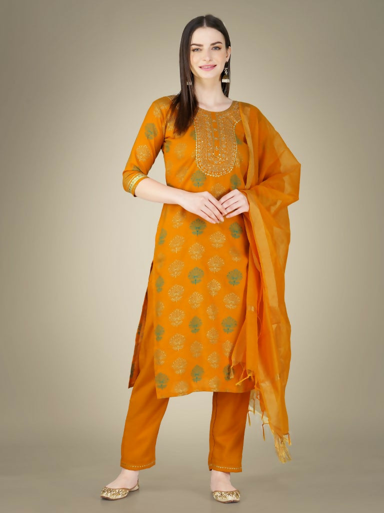 Yellow cotton magic slub straight kurta set with detailed embroidery and sequence work.