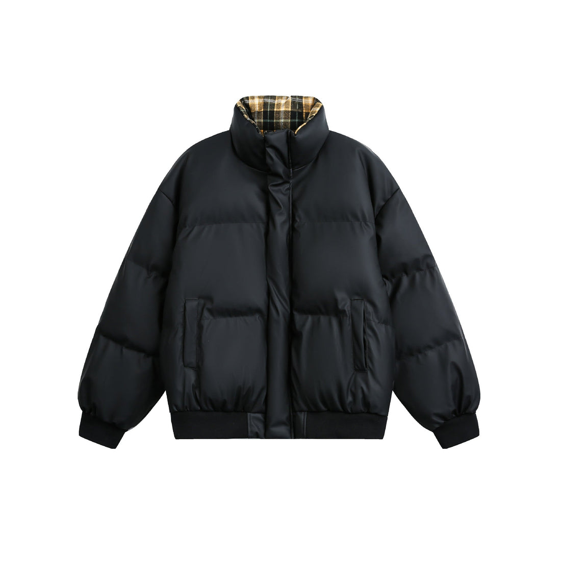 Winter Puffer Jacket with Stand-Up Collar and Plaid Lining - Image 6
