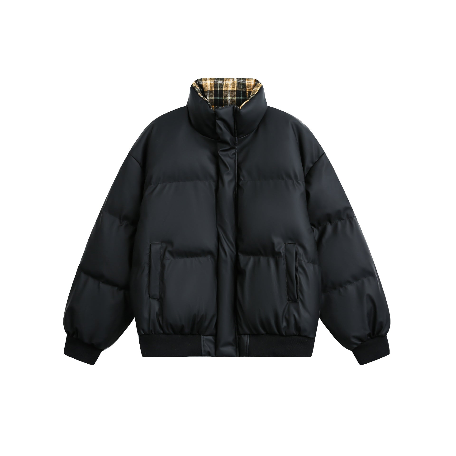 Winter Puffer Jacket with Stand-Up Collar and Plaid Lining - Image 6