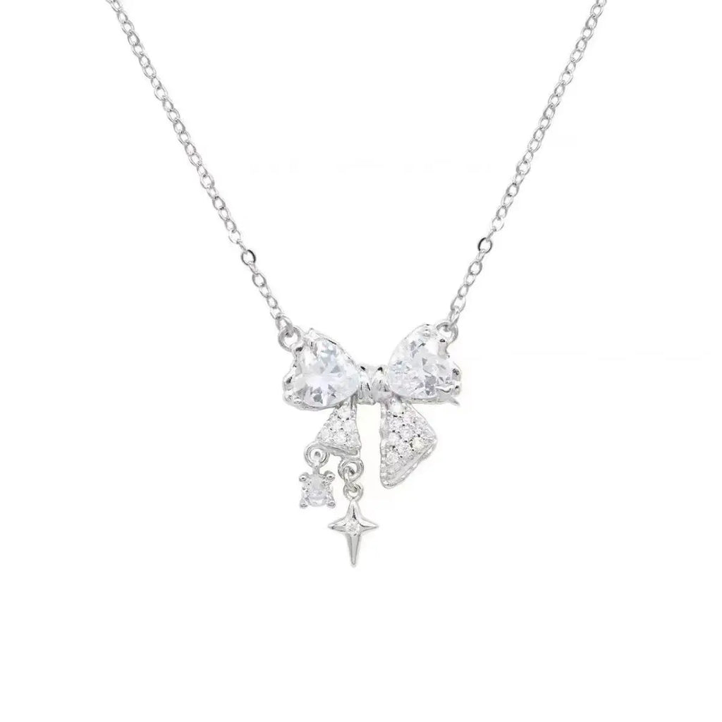 Sweet Pink Bow Necklace Ladies Fashion Sparkling Rhinestone Star Shape Pendant Clavicle Chain Delicate Wedding Accesories