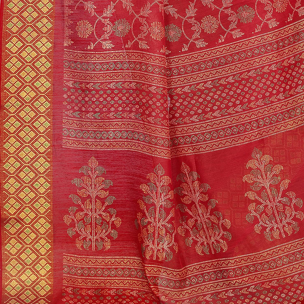 Women's Red and Yellow Kalamkari Printed Cotton Blend Saree