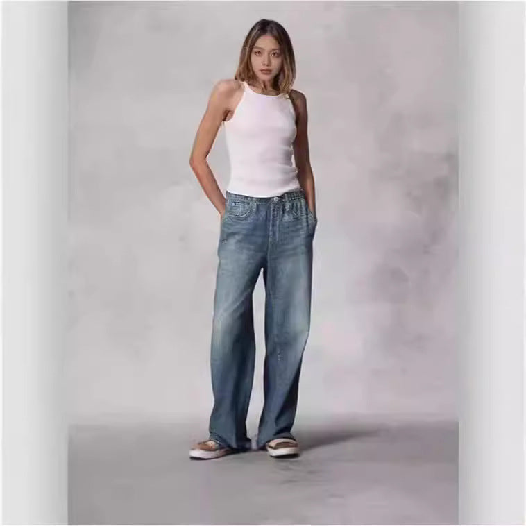 Retro Mid Rise Wide Leg Loose Denim Jeans - Faded Blue Wash - Image 4