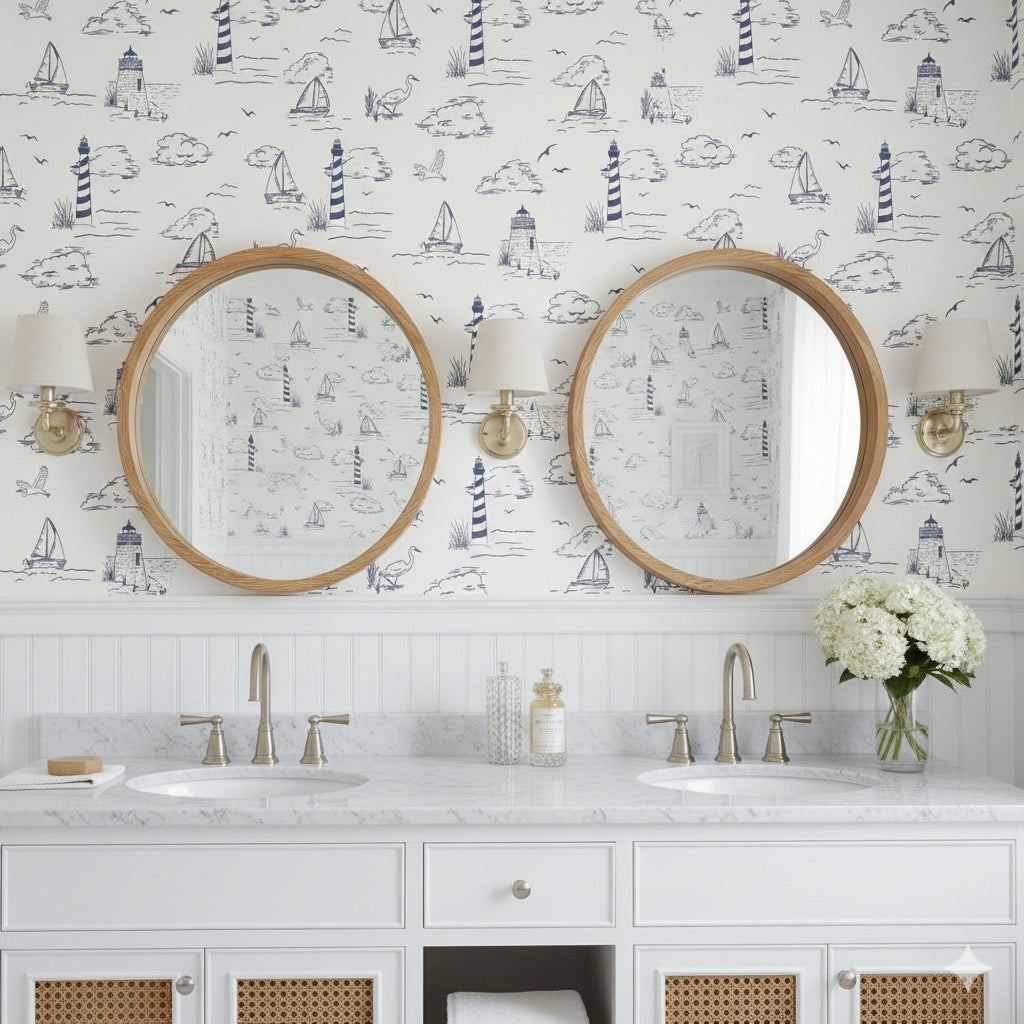 Brant wallpaper with a nautical-inspired traditional pattern.